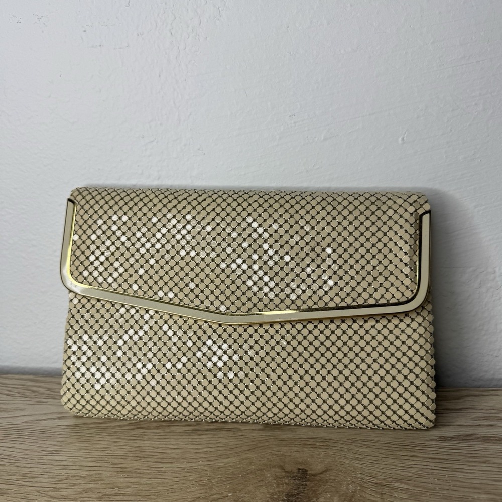 Vintage Cream Metal Chainmail Mesh Clutch Shoulder Bag Prom Special Occasion